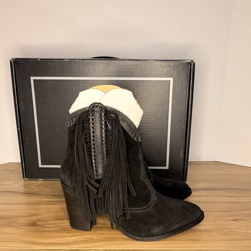 Lucchese Black Suede Fringe Ankle Boots - Picture 3 of 8